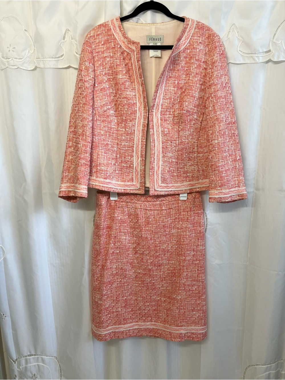 Louis Feraud Tweed Skirt Suit FR 46 US 14 XL Pink Coral Silk Lined 2 Piece - Picture 9 of 16